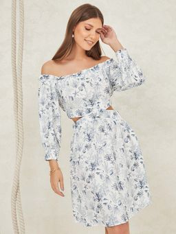 Styli - Multi-color Off Shoulder Aquatic Print Knee Length Dress