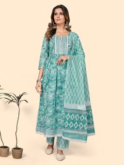 Vbuyz - Women Printed & Lace Border Straight Sky Blue Kurta Pant with Dupatta (Set of 3)