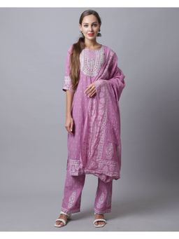 Rajnandini - Pure Cambric Cotton Jaipuri Printed Straight Kurta With Dupatta - Purple (Set of 3)