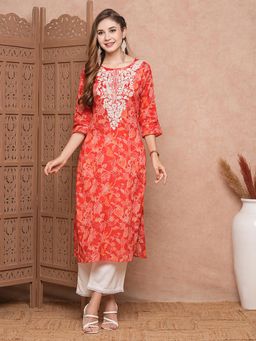 FASHOR - Women Floral Printed Resham Embroidered Kurta- Orange