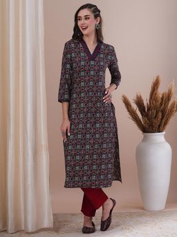 FASHOR - Women Ethnic Printed and Sequin Straight Fit Kurta- Navy Blue