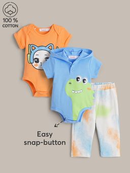 Hopscotch - Orange Printed Romper and Pant (Pack of 3)