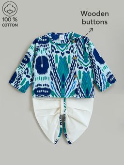 Hopscotch - Teal Printed Kurta and Dhoti