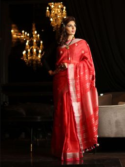 Beatitude - Red Handwoven Linen Embroidered Saree Unstitched Blouse