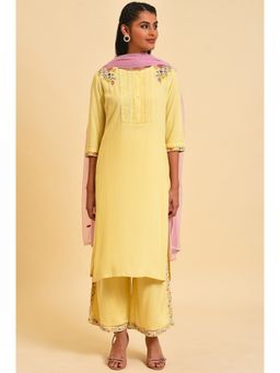 W - Yellow Floral Kurta, Parallel Pant & Dupatta (Set of 3)