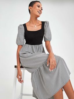 Styli - Black Puff Sleeves Gingham Check Square Neck Tiered Midi Dress