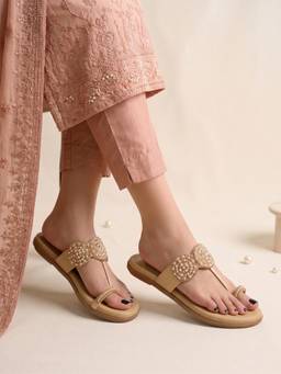 Shoetopia - Shimmering Gold Kolhapuri-Style Flats - Elegant