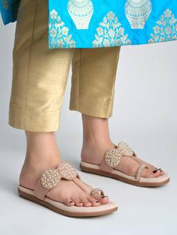 Shoetopia - Shimmering Rose-Gold Kolhapuri-Style Flats