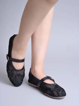 Shoetopia - Black Embroidered Ballerinas Soft Comfortable Adjustable Strap