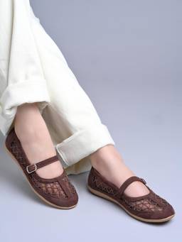 Shoetopia - Brown Stylish Ballerinas Embellished Elastic Strap Round