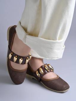 Shoetopia - Brown Ballerinas with Embellishments Round Toe Elastic