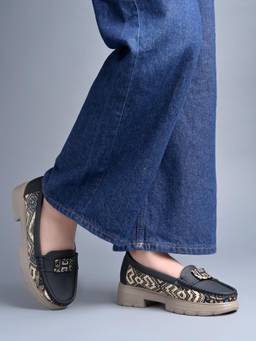 Shoetopia - Black Printed Loafers Round Toe Slip-On Shoes with Chunky