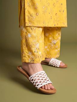 Shoetopia - White Toned Metallic Braided Strap Flats