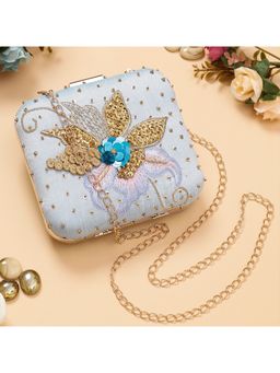 SWISNI - Sky Blue Flower Embellished Clutch Bag (S)