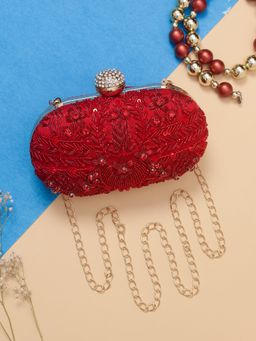 SWISNI - Red Oval Heavy Embellished Clutch Bag (S)