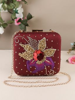 SWISNI - Maroon Flower Embellished Clutch Bag (S)