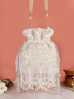 SWISNI - White Pearl Allover Embellished Potli Bag For Wedding Party (S)