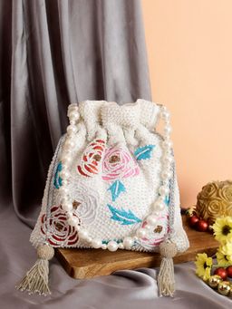 SWISNI - White Floral Touch Embroidery Design Potli Bag (S)