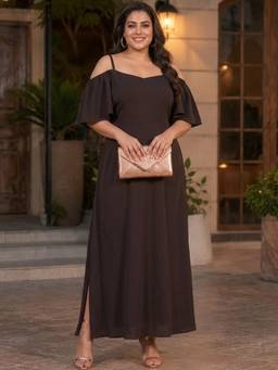 Qurvii - Women Brown Solid/Plain Moss Crepe Dress