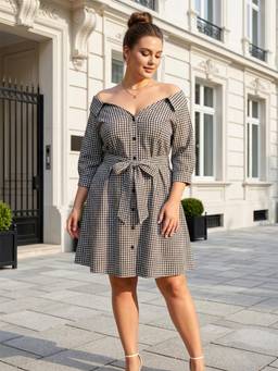 Qurvii - Women Black Checks Cotton Dress
