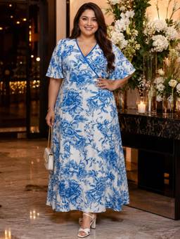 Qurvii - Women Blue Floral Rayon Dress