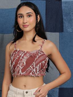 Belliskey - Women Brown Self Design Denim Crop Top