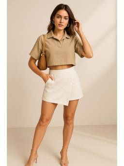 Belliskey - Women Khaki Solid/Plain Denim Crop Top
