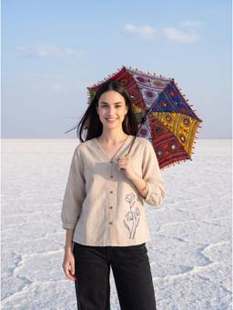 ZNKL - Women Beige Embroidered Cotton Top