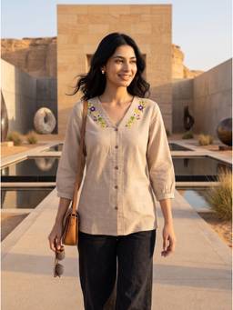 ZNKL - Women Beige Embroidered Cotton Top