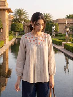 ZNKL - Women Beige Embroidered Cotton Top