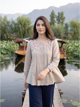 ZNKL - Women Beige Embroidered Cotton Top