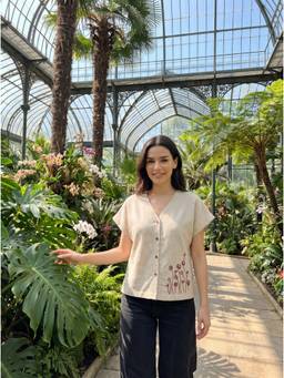 ZNKL - Women Beige Embroidered Cotton Top