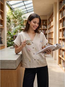 ZNKL - Women Beige Embroidered Cotton Top