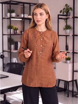 Yufta - Women Brown Solid/Plain Chanderi Top