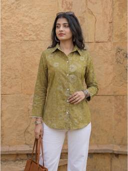 Yufta - Women Olive Printed Cotton Shirt