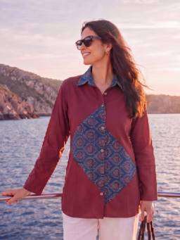 Yufta - Women Maroon Embroidered Cotton Shirt