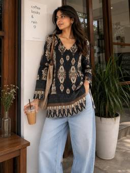 HOUSE OF MIRA - Women Black Printed Polyester Top