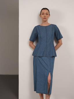 FABLE STREET - Women Blue Solid/Plain Denim Co-Ord Set