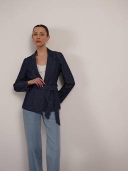 FABLE STREET - Women Navy Blue Solid/Plain Denim Blazer