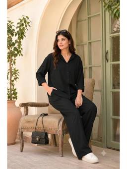 NOBARR - Women Black Solid/Plain Linen Co-Ord Set
