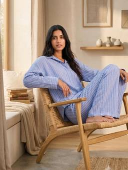 NOBARR - Women Blue Stripes Linen Co-Ord Set