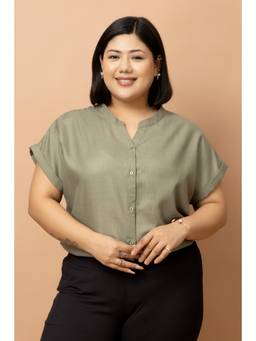 PURYS PLUS - Women Green Solid/Plain Linen Blend Shirt