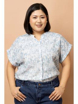 PURYS PLUS - Women Blue Abstract Linen Blend Shirt