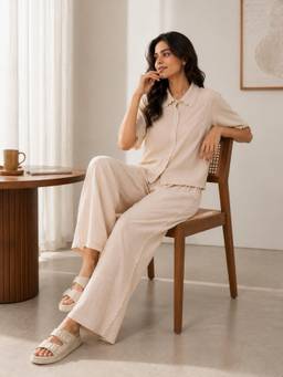 Slumber Jill - Women Beige Solid/Plain Cotton Co-Ord Set