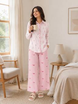Slumber Jill - Women Pink Floral Satin Shirt with Pant
