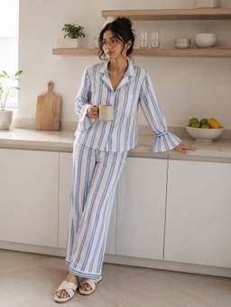 Slumber Jill - Women Blue Stripes Cotton Co-Ord Set