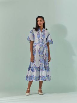 Naina Arunima - Cornflower Blues, Samod Bagh Long Pleated Yoke, Frill Dress with Belt (Set of 2)