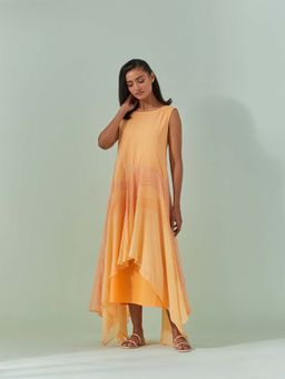 Naina Arunima - Peach & Saffron Hued, Ambre Stripe Printed Layered Dress