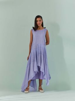 Naina Arunima - Cornflower & Lavender Hued, Ambre Stripe Printed Layered Dress