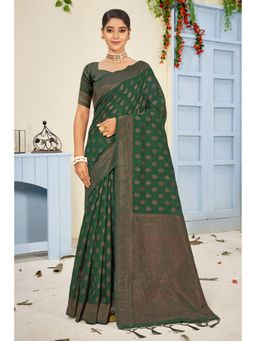 Sangam Prints - Green Cotton Woven Zari Work Traditional Tassel Saree with Unstitched Blouse
